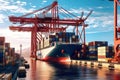 Container ship at the berth in cargo terminal of the port under loading. Port cranes load containers, place them in rows Royalty Free Stock Photo