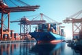 Container ship at the berth in cargo terminal of the port under loading. Port cranes load containers, place them in rows Royalty Free Stock Photo