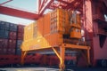 Container ship at the berth in cargo terminal of the port under loading. Port cranes load containers, a special vehicle