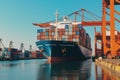 Container ship at the berth in cargo terminal of the port under loading. Port cranes load containers, place them in rows Royalty Free Stock Photo