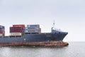 Container ship, cargo ship in winter, Baltic sea canal