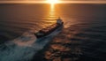 Container ship carrying cargo, sailing towards sunset generated by AI Royalty Free Stock Photo