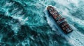 A container ship caught in a storm in the middle of the ocean, view from above. Highly volatile markets. Unstable situation in the