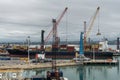 Container ship in commercial port of Napier, New Zealand.