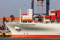 Container ship from Cosco being loaded by gantry cranes in the ECT Shipping Terminal in the Port of Rotterdam. The Netherlands - Royalty Free Stock Photo