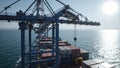 Container ship crane unloading goods with stacked containers on the shimmering sea Royalty Free Stock Photo