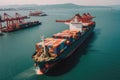 Container Ship With Cranes And Loading Equipment. Generative AI