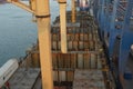 Container ship with cranes and open hatch covers during discharging in port of Damietta. Royalty Free Stock Photo