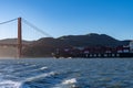 Container ship while cruising the pacific ocean near San Francisco Bay and Golden Gate Bridge, San Francisco CA USA, March 30, Royalty Free Stock Photo