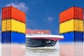 Container ship with different colored sea containers before blue