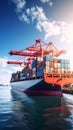 Container ship docked in harbor during sunny day carrying cargo with cranes Royalty Free Stock Photo