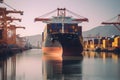 Container ship enters the water area of a giant seaport cargo terminal. Port cranes on the berths are ready to unload Royalty Free Stock Photo