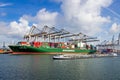 Container ship Ever Lyric from Evergreen moored at the ECT container terminal in the Port of Rotterdam. September 3, 2016