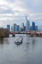 A container ship in front of Frankfurt`s Skyline