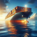 Container ship moves out to sea with sunset lighting the sky Royalty Free Stock Photo