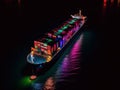 Container ship with glowing containers in the sea on a dark night. Created by AI