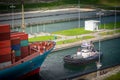 Container ship going through the basin Panama Canal. Panama City, Panama Royalty Free Stock Photo
