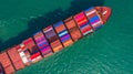 Container ship going to deep sea port, Business logistic import export shipping and transportation by container ship, Aerial view