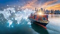 Container ship and the hologram of world map of international supply chains. Generative AI Royalty Free Stock Photo