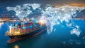 Container ship and the hologram of world map of international supply chains. Generative AI Royalty Free Stock Photo