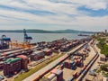 Container ship in import export and business logistic, By crane, Trade Port, Shipping cargo to harbor, Aerial view from Royalty Free Stock Photo