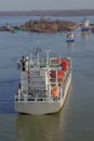 Container ship near a floodgate