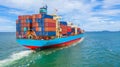 Container ship leaving the industrial port, Import and export business logistic and transportation of international by container