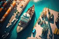 Container ship leaving the port. Aerial view. Generative AI illustration