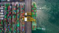 Container ship loading and unloading in deep sea port, Aerial top view of logistic import export transportation business by