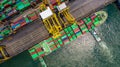 Container ship loading and unloading in deep sea port, Aerial top view of logistic import export transportation business by