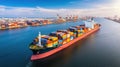 Container ship loading and unloading in sea port, Aerial view of business logistic import and export freight transportation by