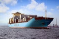 Great container ship MAERSK LEON anchored in the middle of Algeciras bay. Royalty Free Stock Photo