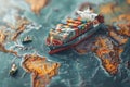 Container ship model on world map. Generative AI