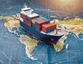 Container ship model on world map, transportation or globalization concept. Generated with AI