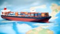 Container ship model on world map , transcontinental transportation