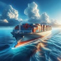 Container ship moves out to sea with sunset lighting the sky Royalty Free Stock Photo