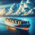 Container ship moves out to sea with sunset lighting the sky Royalty Free Stock Photo