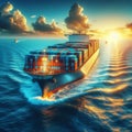 Container ship moves out to sea with sunset lighting the sky Royalty Free Stock Photo