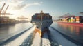 A container ship navigating through a busy port while adhering to strict speed limits and traffic regulations