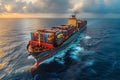 Container Ship Navigating Ocean Waters at Sunrise for Global Trade and Logistics Generative AI Royalty Free Stock Photo