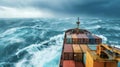 A container ship navigating through rough seas with crew members taking necessary safety precautions in accordance with