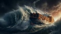 container ship in the ocean during an incredibly powerful storm, dramatic sky Royalty Free Stock Photo