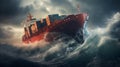 container ship in the ocean during an incredibly powerful storm, dramatic sky Royalty Free Stock Photo