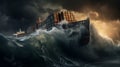 container ship in the ocean during an incredibly powerful storm, dramatic sky Royalty Free Stock Photo