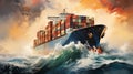container ship in the ocean during an incredibly powerful storm, dramatic sky, watercolor illustration Royalty Free Stock Photo