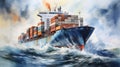 container ship in the ocean during an incredibly powerful storm, dramatic sky, watercolor illustration Royalty Free Stock Photo