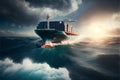 Container ship in the ocean at sunset. 3d render illustration. Royalty Free Stock Photo