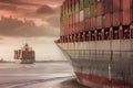 Container ship in the ocean at sunset sky background with copy space, Global business logistics import export goods of Royalty Free Stock Photo