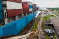 Container ship is passing through Gatun Locks, part of Panama Can Royalty Free Stock Photo