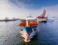 Container ship in port terminal - huge freighter fully loaded Royalty Free Stock Photo